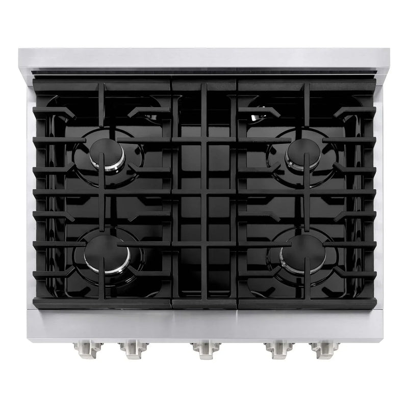 ZLINE 4-Piece Appliance Package - 30-Inch Gas Range, Refrigerator, Convertible Wall Mount Hood, and 3-Rack Dishwasher in Stainless Steel (4KPR-RGRH30-DWV)