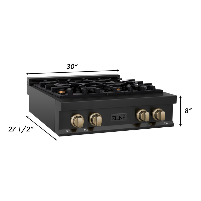 ZLINE Autograph Edition 30-Inch Porcelain Rangetop with 4 Gas Burners in Black Stainless Steel and Champagne Bronze Accents (RTBZ-30-CB)