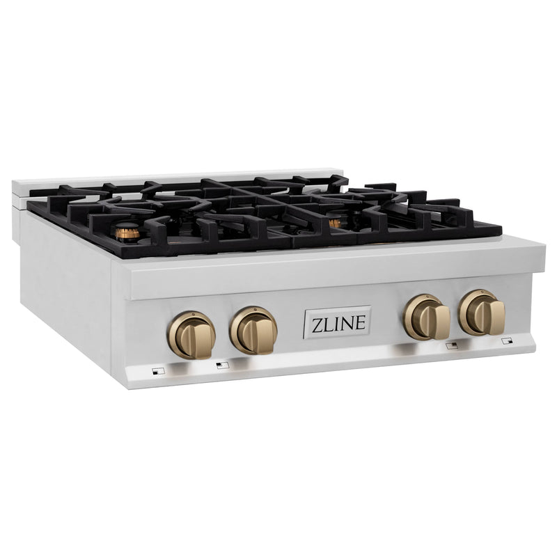 ZLINE Autograph Edition 30-Inch Porcelain Rangetop with 4 Gas Burners in Stainless Steel and Champagne Bronze Accents (RTZ-30-CB)