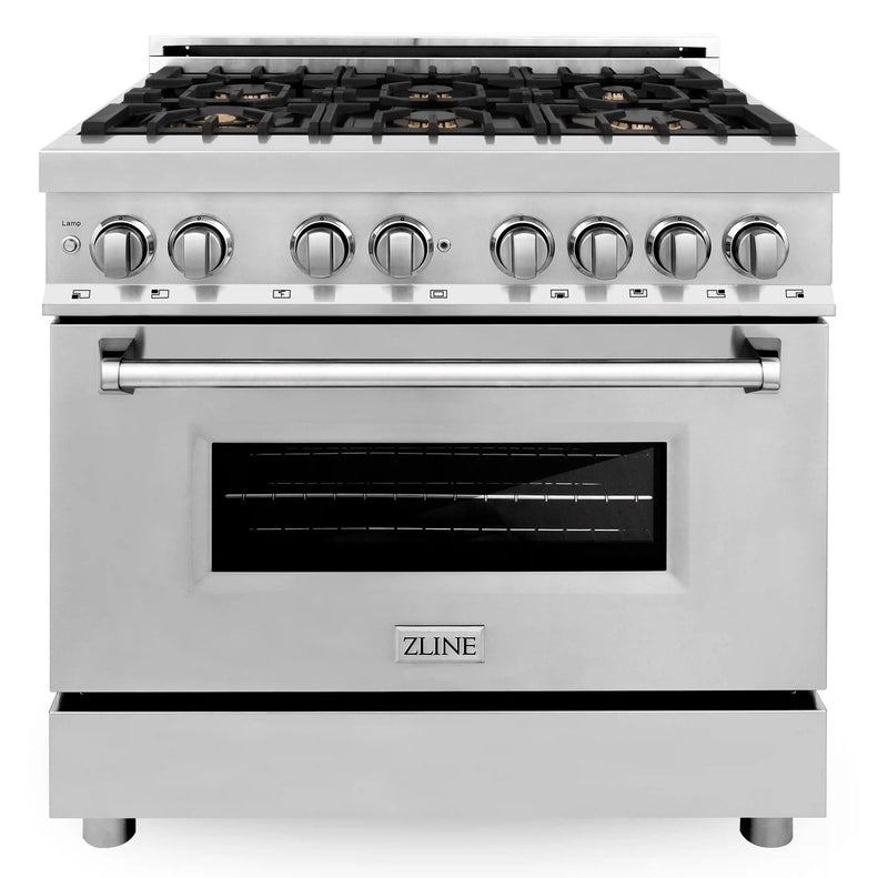 ZLINE 36-Inch Dual Fuel Range with 4.6 cu. ft. Electric Oven and Gas Cooktop with Brass Burners and Griddle in Stainless Steel (RA-BR-GR-36)