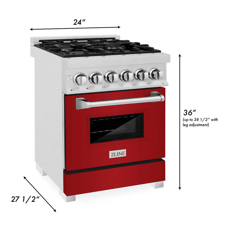 ZLINE 24-Inch Professional Dual Fuel Range with Red Gloss Door in DuraSnow Stainless Steel (RAS-RG-24)
