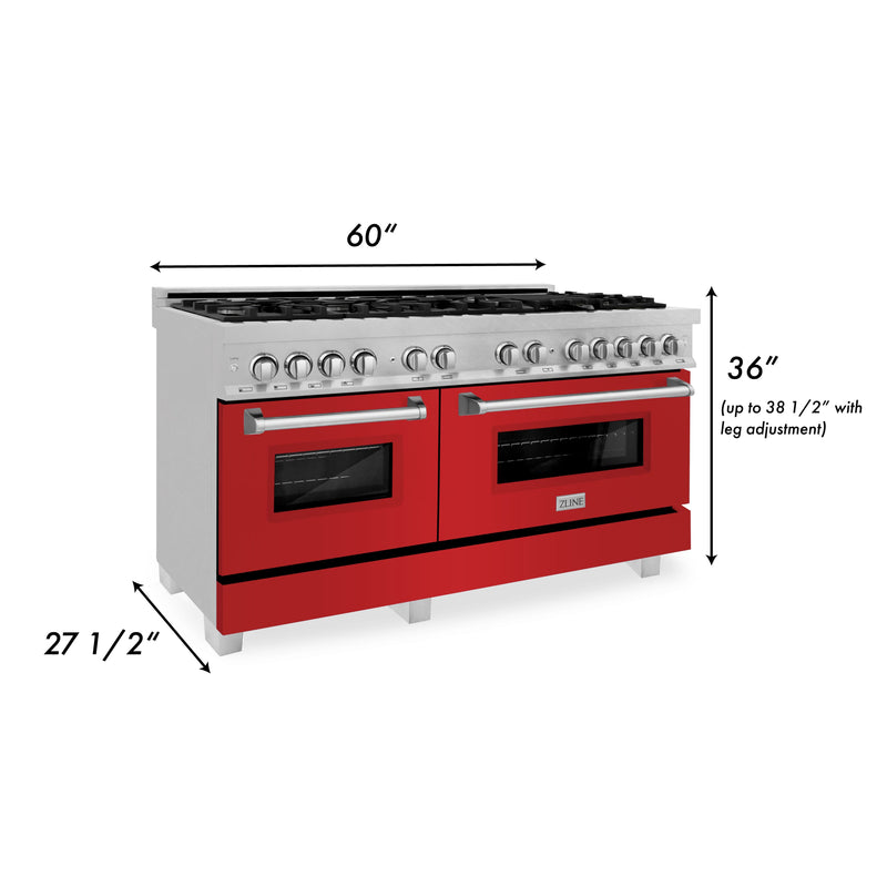 ZLINE 60-Inch 7.4 cu. ft. Dual Fuel Range with Gas Stove and Electric Oven in DuraSnow Stainless Steel and Red Matte Doors (RAS-RM-60)