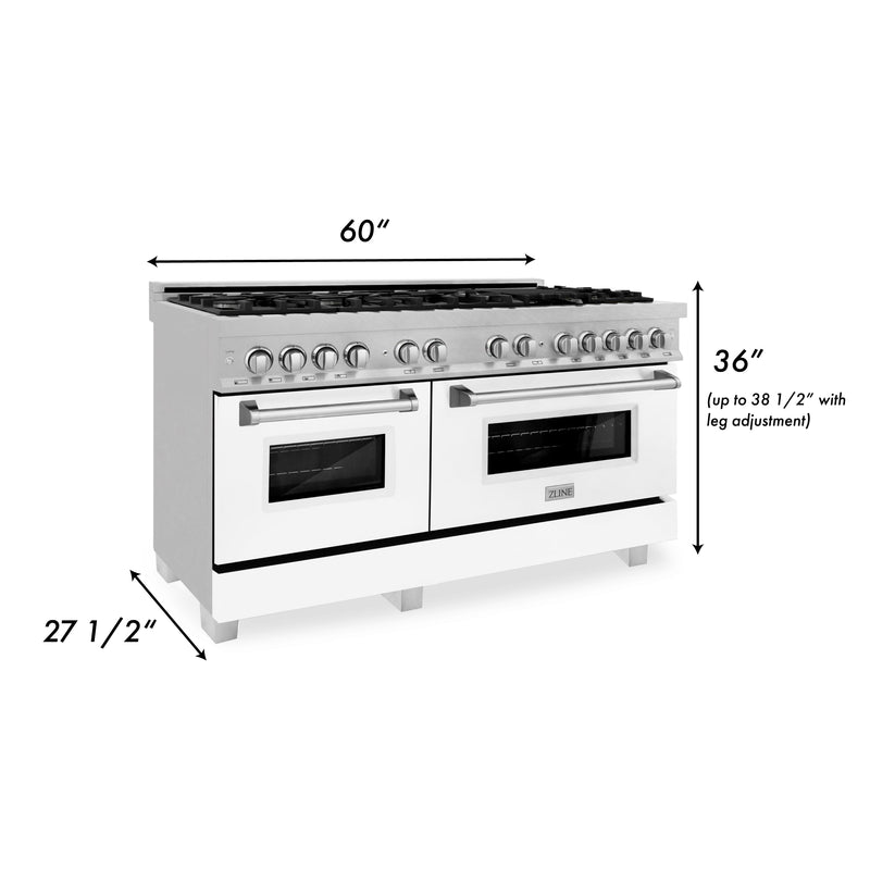 ZLINE 60-Inch Dual Fuel Range with 7.4 cu. ft. Electric Oven and Gas Cooktop and Griddle and White Matte Door in Fingerprint Resistant Stainless (RAS-WM-GR-60)