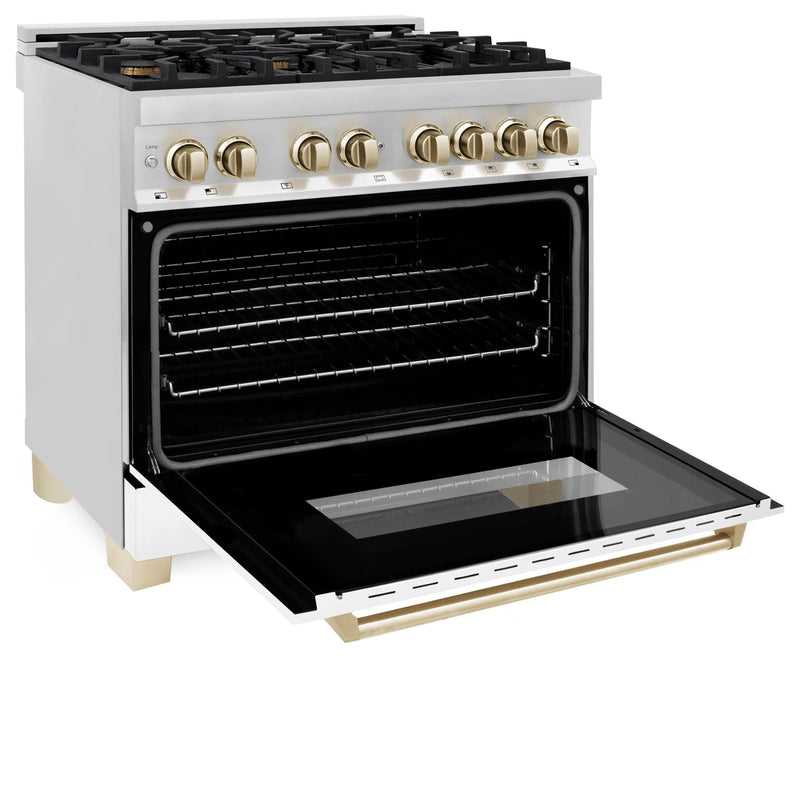 ZLINE Autograph Edition 36-Inch 4.6 cu. ft. Dual Fuel Range with Gas Stove and Electric Oven in Stainless Steel with White Matte Door and Gold Accents (RAZ-WM-36-G)