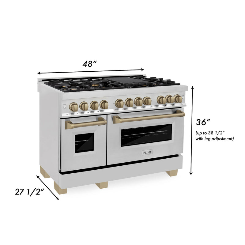 ZLINE Autograph Edition 48-Inch Dual Fuel Range with Gas Stove and Electric Oven in Stainless Steel with Champagne Bronze Accents (RAZ-48-CB)