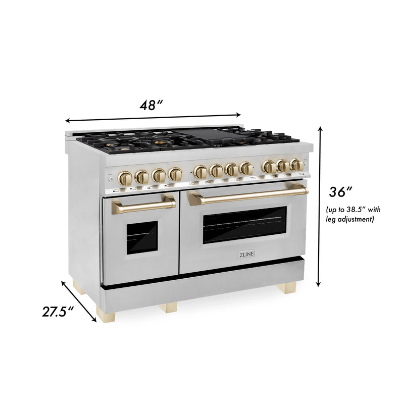 ZLINE Autograph Edition 3-Piece Appliance Package - 48-Inch Dual Fuel Range, Wall Mounted Range Hood, & 24-Inch Tall Tub Dishwasher in Stainless Steel with Gold Trim (3AKP-RARHDWM48-G)