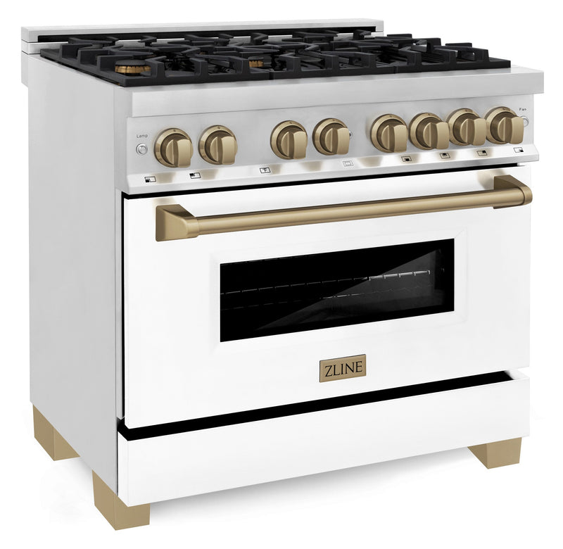 ZLINE Autograph Edition 36-Inch 4.6 cu. ft. Dual Fuel Range with Gas Stove and Electric Oven in Stainless Steel with White Matte Door and Champagne Bronze Accents (RAZ-WM-36-CB)