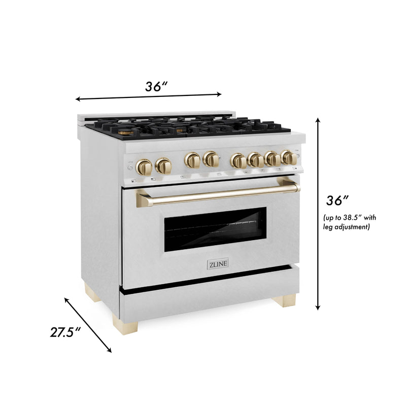 ZLINE Autograph Edition 36-Inch 4.6 cu. ft. Range with Gas Stove and Gas Oven in DuraSnow® Stainless Steel with Gold Accents (RGSZ-SN-36-G)