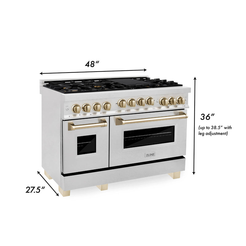 ZLINE 48-Inch Autograph Edition Kitchen Package - Dual Fuel Range, Wall Mount Range Hood and Dishwasher in DuraSnow Stainless Steel with Gold Accents (3AKPR-RASRHDWM48-G)