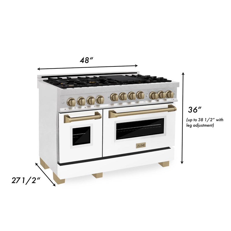 ZLINE 48-Inch Autograph Edition Kitchen Package with DuraSnow Stainless Steel Gas Range, Wall Mount Range Hood and Dishwasher in White Matte and Champagne Bronze Accents (3AKPR-RGSWMRHDWM48-CB)