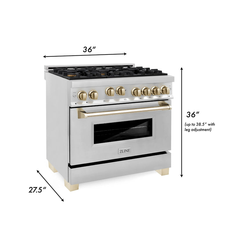 ZLINE Autograph Edition 2-Piece Appliance Package - 36-Inch Gas Range & Wall Mounted Range Hood in Stainless Steel with Gold Trim (2AKP-RGRH36-G)