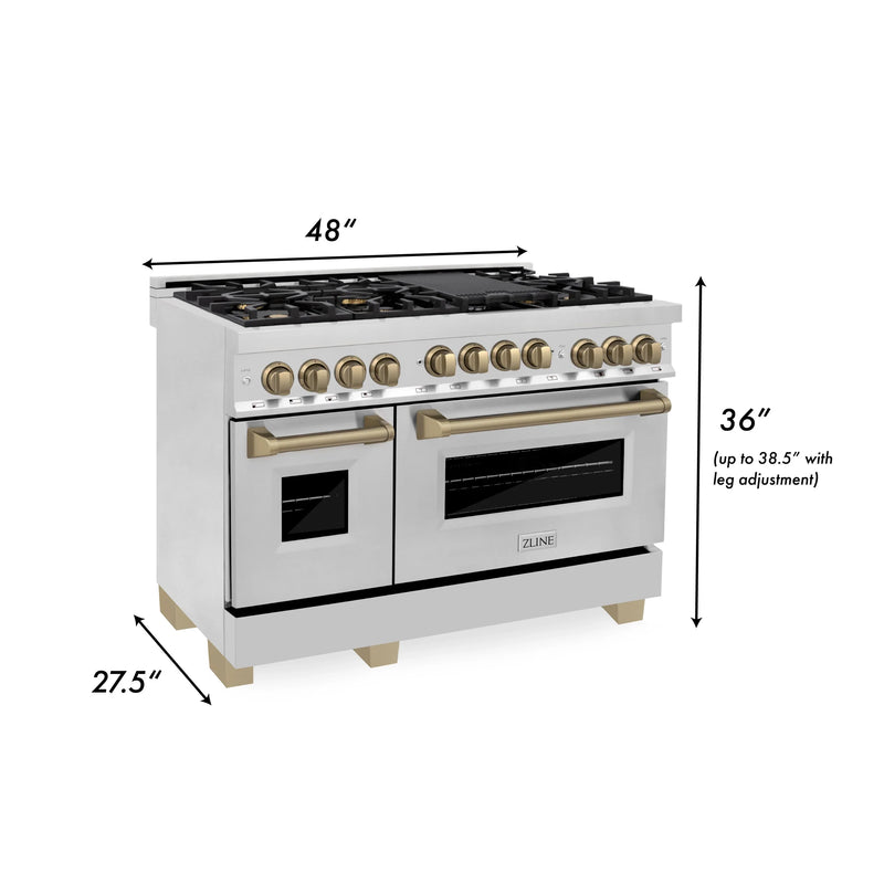 ZLINE Autograph Edition 4-Piece Appliance Package - 48-Inch Gas Range, Refrigerator, Wall Mounted Range Hood, & 24-Inch Tall Tub Dishwasher in Stainless Steel with Champagne Bronze Trim (4AKPR-RGRHDWM48-CB)