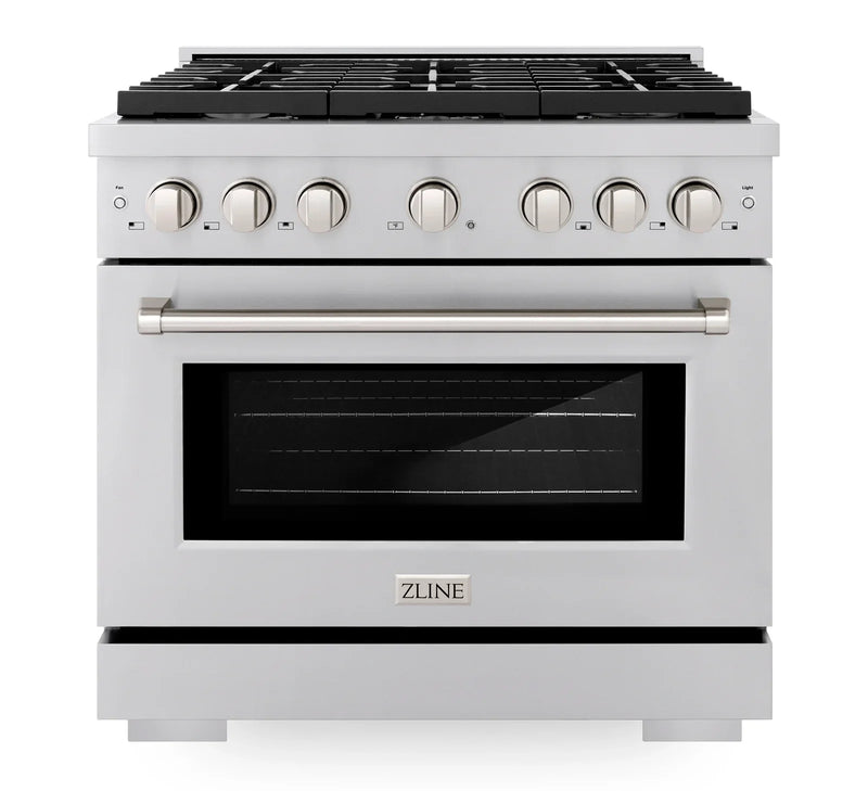 ZLINE 3-Piece Appliance Package - 36-Inch Gas Range, Premium Hood & Microwave Drawer in Stainless Steel (3KP-RGRH36-MW)