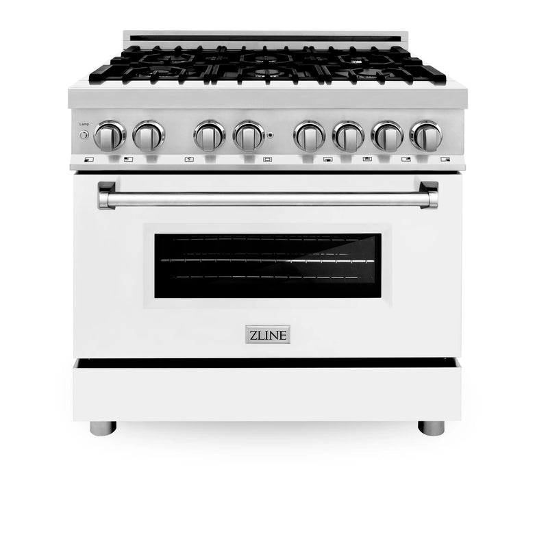 ZLINE 36-Inch Dual Fuel Range with 4.6 cu. ft. Electric Oven and Gas Cooktop and Griddle and White Matte Door in Stainless Steel (RA-WM-GR-36)