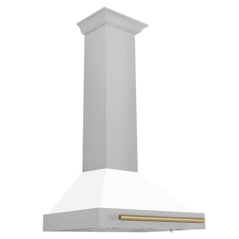 ZLINE 30-Inch Autograph Edition Wall Mounted Range Hood in DuraSnow® Stainless Steel with White Matte Shell and Champagne Bronze Handle (KB4SNZ-WM30-CB)