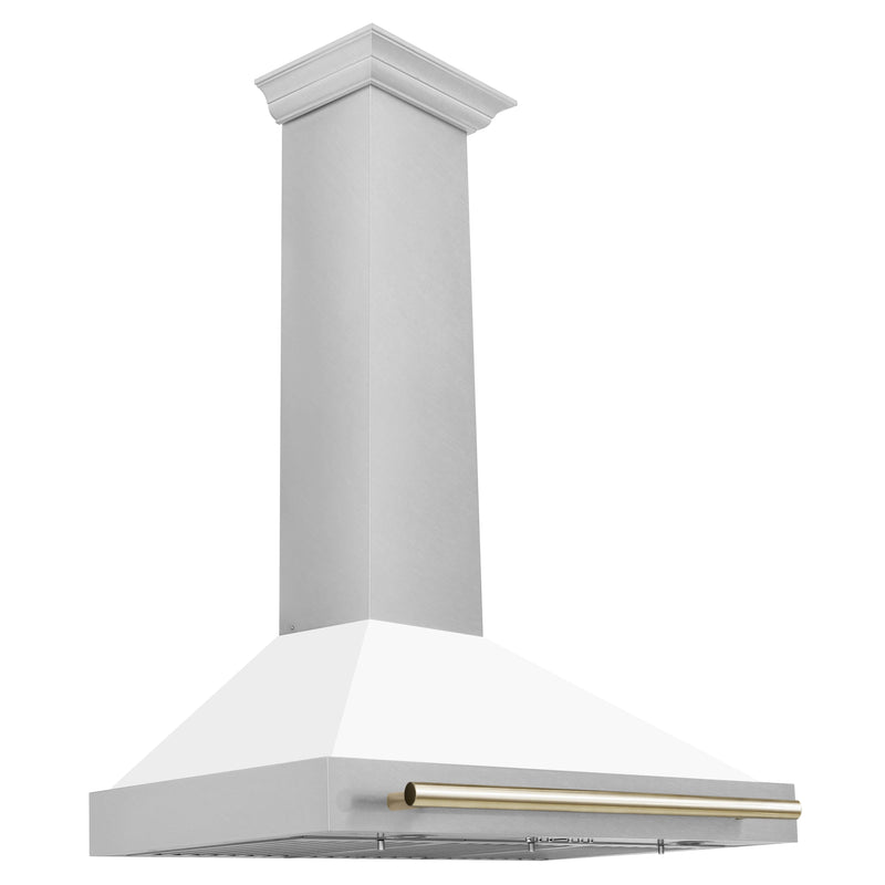 ZLINE 36-Inch Autograph Edition Wall Mounted Range Hood in DuraSnow® Stainless Steel with White Matte Shell and Gold Handle (KB4SNZ-WM36-G)