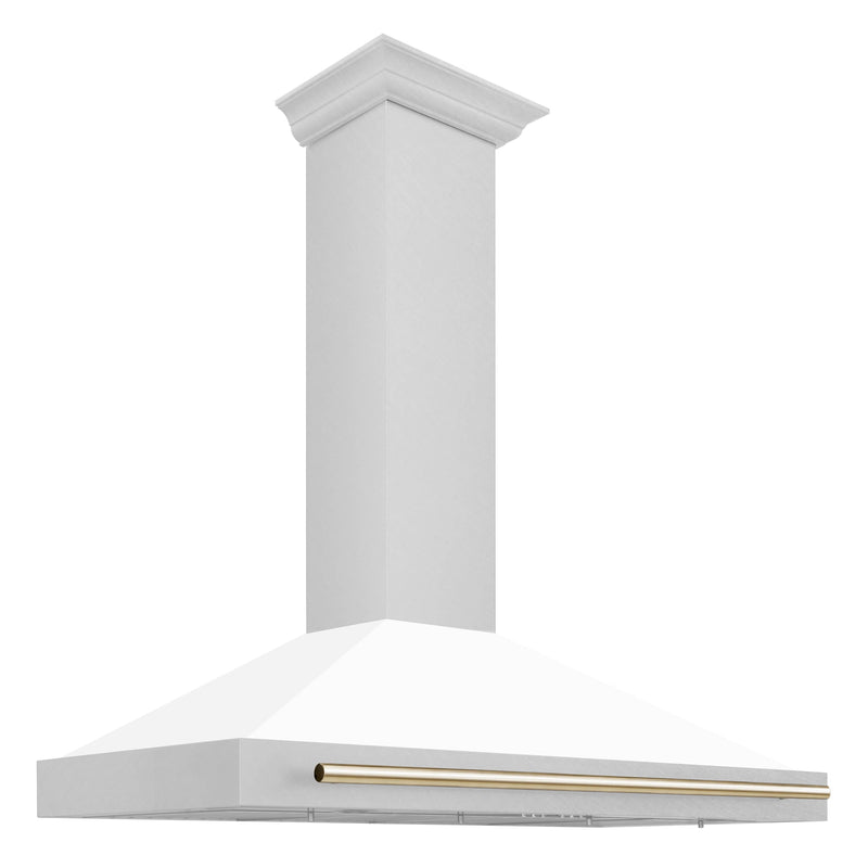 ZLINE 48-Inch Autograph Edition Wall Mounted Range Hood in DuraSnow® Stainless Steel with White Matte Shell and Gold Handle (KB4SNZ-WM48-G)