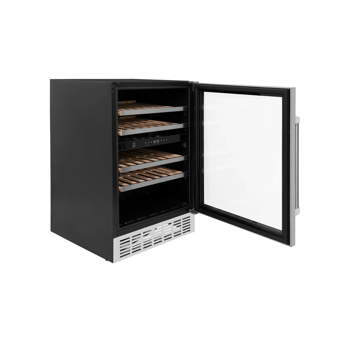 ZLINE 24 In. Monument Dual Zone 44-Bottle Wine Cooler in Stainless Steel with Wood Shelf RWV-UD-24