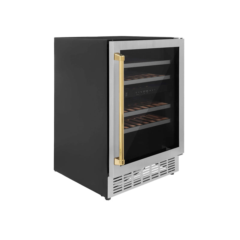 ZLINE 24-Inch Monument Autograph Edition Dual Zone 44-Bottle Wine Cooler in Stainless Steel with Gold Accents (RWVZ-UD-24-G)
