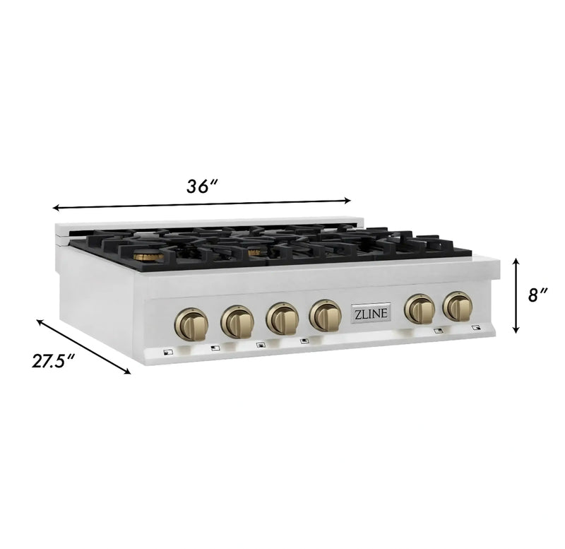 ZLINE Autograph Edition 36-Inch Porcelain Rangetop with 6 Gas Burners in DuraSnow® Stainless Steel and Champagne Bronze Accents (RTSZ-36-CB)