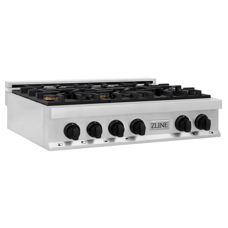 ZLINE Autograph Edition 36-Inch Porcelain Rangetop with 6 Gas Burners in Stainless Steel and Matte Black Accents (RTZ-36-MB)