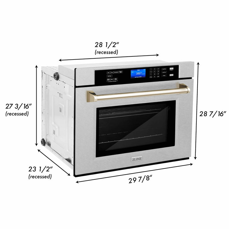 ZLINE Autograph Edition 2-Piece Appliance Package - 30-Inch Single Wall Oven with Self-Clean and 30-inch Built-In Microwave Oven in DuraSnow Stainless Steel with Gold Trim