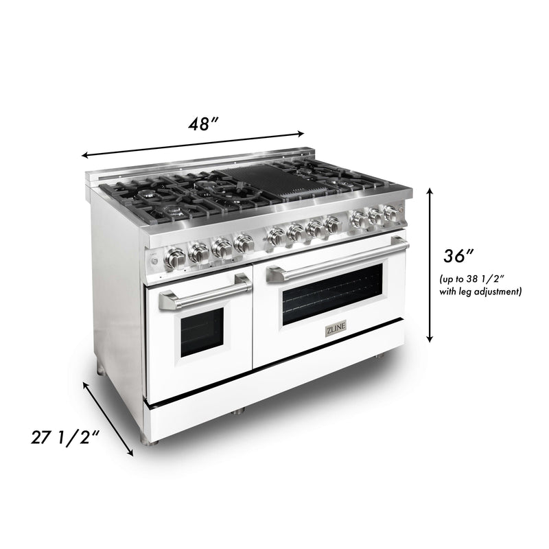 ZLINE 48-Inch Dual Fuel Range with 6.0 cu. ft. Electric Oven and Gas Cooktop and Griddle and White Matte Door in Stainless Steel (RA-WM-GR-48)