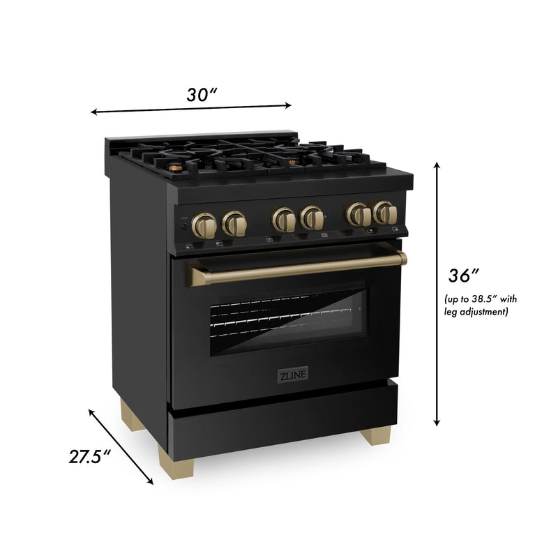 ZLINE Autograph Edition 30-Inch 4.0 cu. ft. Dual Fuel Range with Gas Stove and Electric Oven in Black Stainless Steel with Champagne Bronze Accents (RABZ-30-CB)