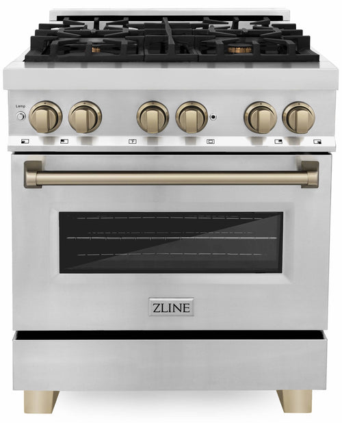 ZLINE Autograph Edition 2-Piece Appliance Package - 30-Inch Dual Fuel Range & Wall Mounted Range Hood in Stainless Steel with Champagne Bronze Trim (2AKP-RARH30-CB)