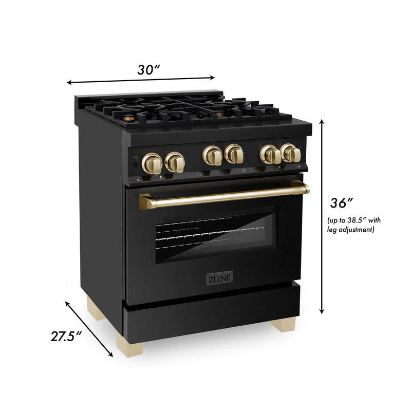ZLINE Autograph Edition 4-Piece Appliance Package - 30-Inch Gas Range, Refrigerator, Wall Mounted Range Hood, & 24-Inch Tall Tub Dishwasher in Black Stainless Steel with Gold Trim (4AKPR-RGBRHDWV30-G)