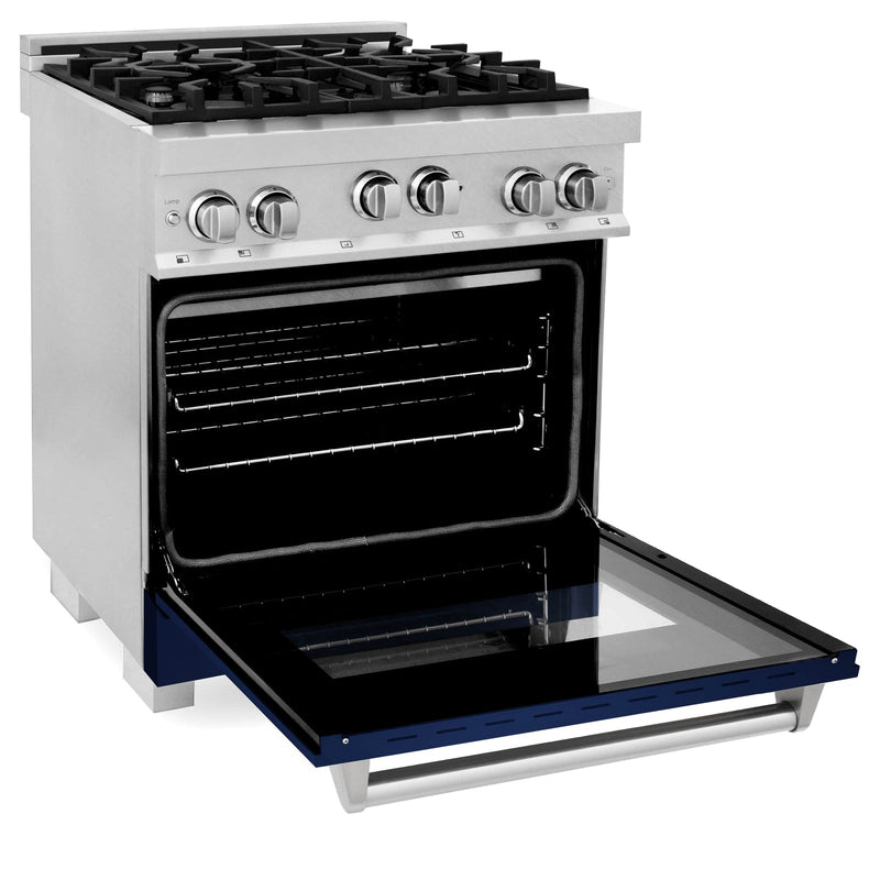 ZLINE 2-Piece Appliance Package - 30-inch Gas Range With Blue Gloss Door & Blue Gloss Range Hood in DuraSnow Stainless Steel (2KP-RGSBGRH30)