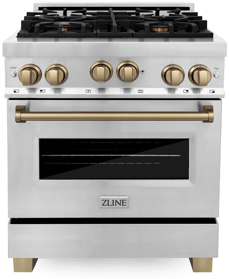 ZLINE Autograph Edition 2-Piece Appliance Package - 30-Inch Gas Range & Wall Mounted Range Hood in Stainless Steel with Champagne Bronze Trim (2AKP-RGRH30-CB)