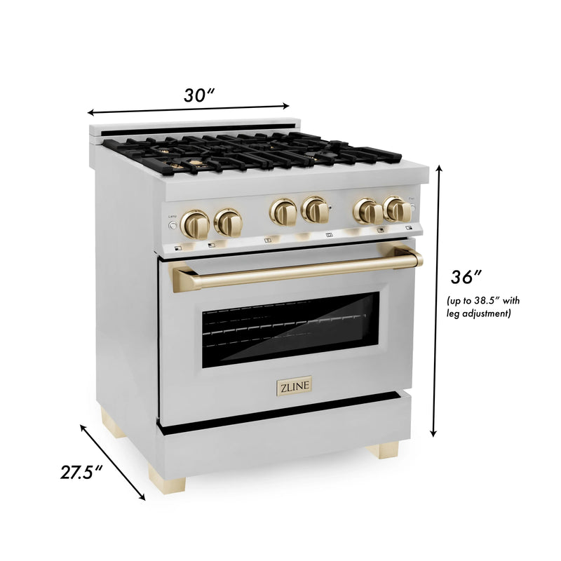 ZLINE Autograph Edition 4-Piece Appliance Package - 30-Inch Gas Range, Refrigerator with Water Dispenser, Wall Mounted Range Hood, & 24-Inch Tall Tub Dishwasher in Stainless Steel with Gold Trim (4AKPR-RGRHDWM30-G)