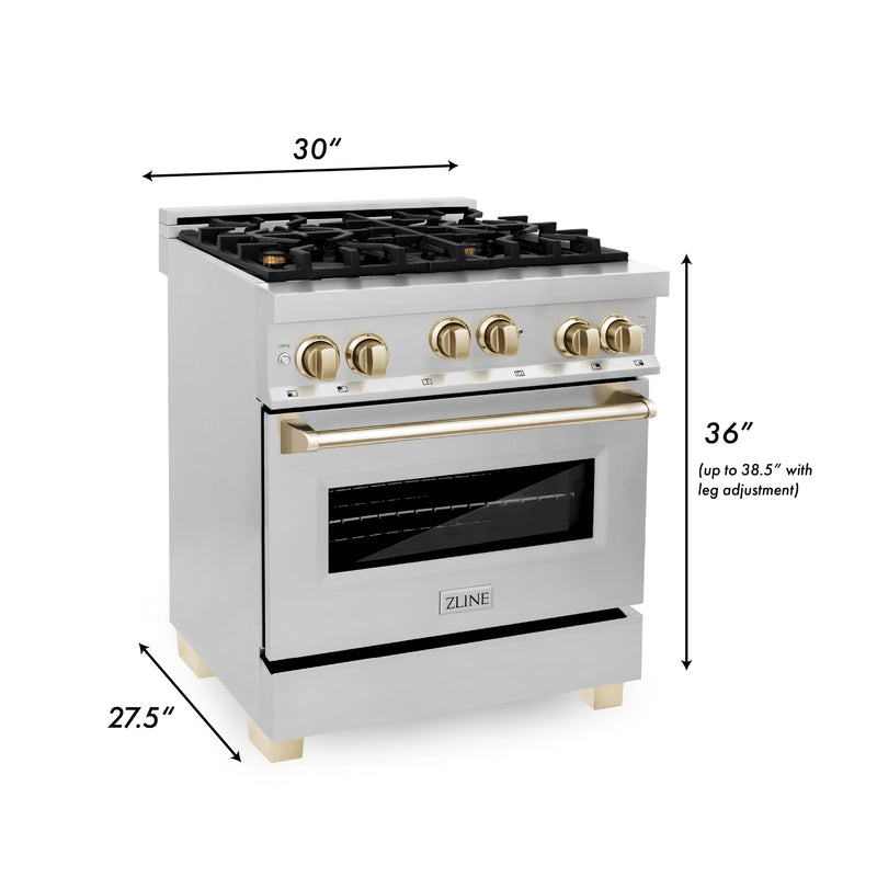 ZLINE Autograph Edition 30-Inch 4.0 cu. ft. Range with Gas Stove and Gas Oven in Stainless Steel with Gold Accents (RGZ-30-G)