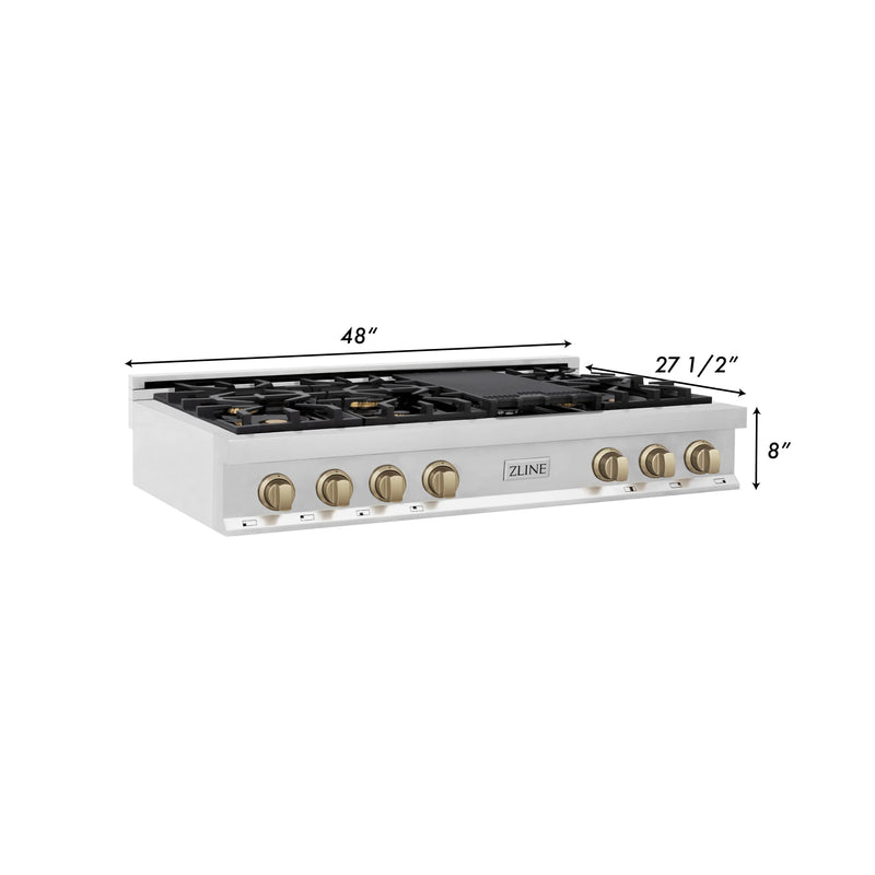 ZLINE Autograph Edition 48-Inch Porcelain Rangetop with 7 Gas Burners in Stainless Steel and Champagne Bronze Accents (RTZ-48-CB)