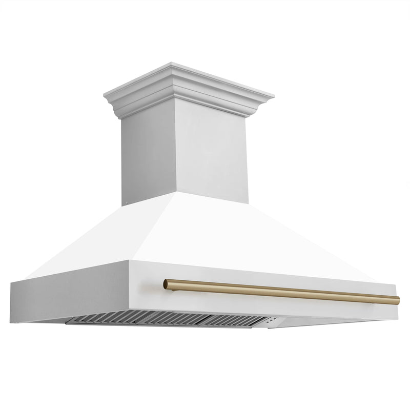ZLINE 48-Inch Autograph Edition Wall Mount Range Hood in Stainless Steel with White Matte Shell and Champagne Bronze Handle (8654STZ-WM48-CB)