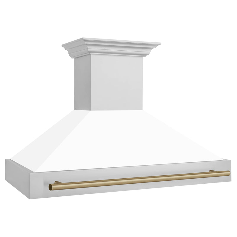 ZLINE 48-Inch Autograph Edition Wall Mount Range Hood in Stainless Steel with White Matte Shell and Champagne Bronze Handle (8654STZ-WM48-CB)