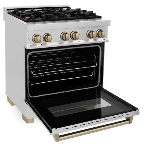 ZLINE Autograph Edition Package - 30-Inch Dual Fuel Range, Range Hood, and Dishwasher in Stainless Steel with Champagne Bronze Trim (3AKP-RARHDWM30-CB)
