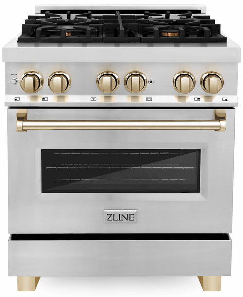 ZLINE Autograph Edition 4-Piece Appliance Package - 30-Inch Dual Fuel Range, Refrigerator with Water Dispenser, Wall Mounted Range Hood, & 24-Inch Tall Tub Dishwasher in Stainless Steel with Gold Trim (4AKPR-RARHDWM30-G)