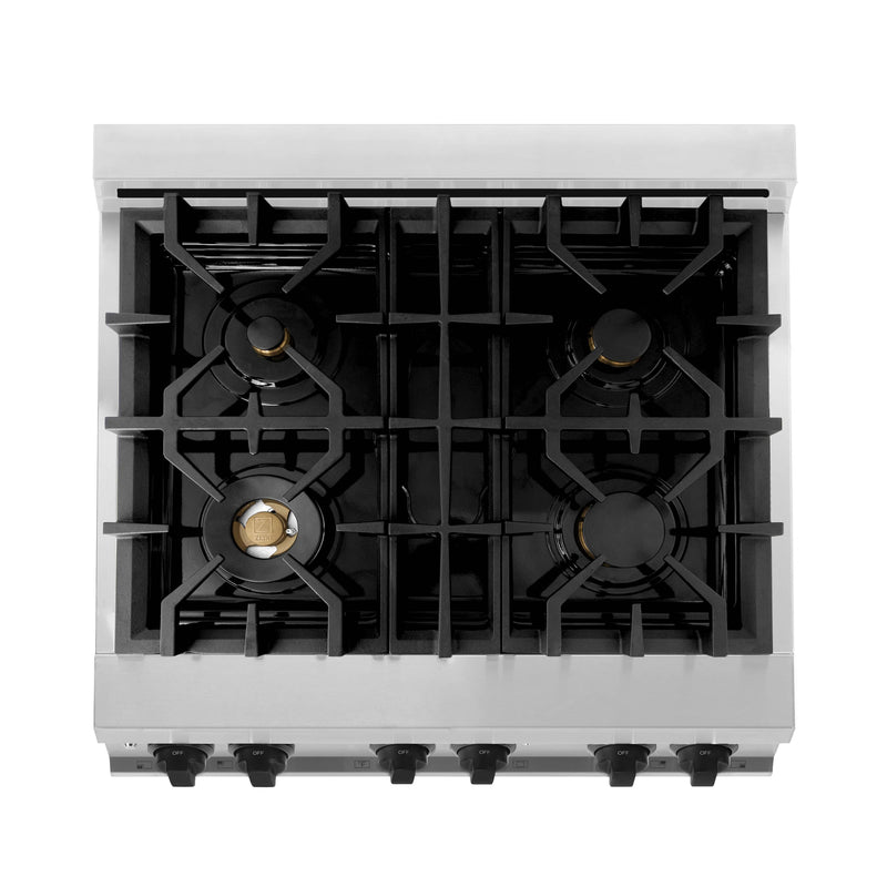 ZLINE Autograph Edition 2-Piece Appliance Package - 30-Inch Gas Range & Wall Mounted Range Hood in Stainless Steel with Matte Black Trim (2AKP-RGRH30-MB)