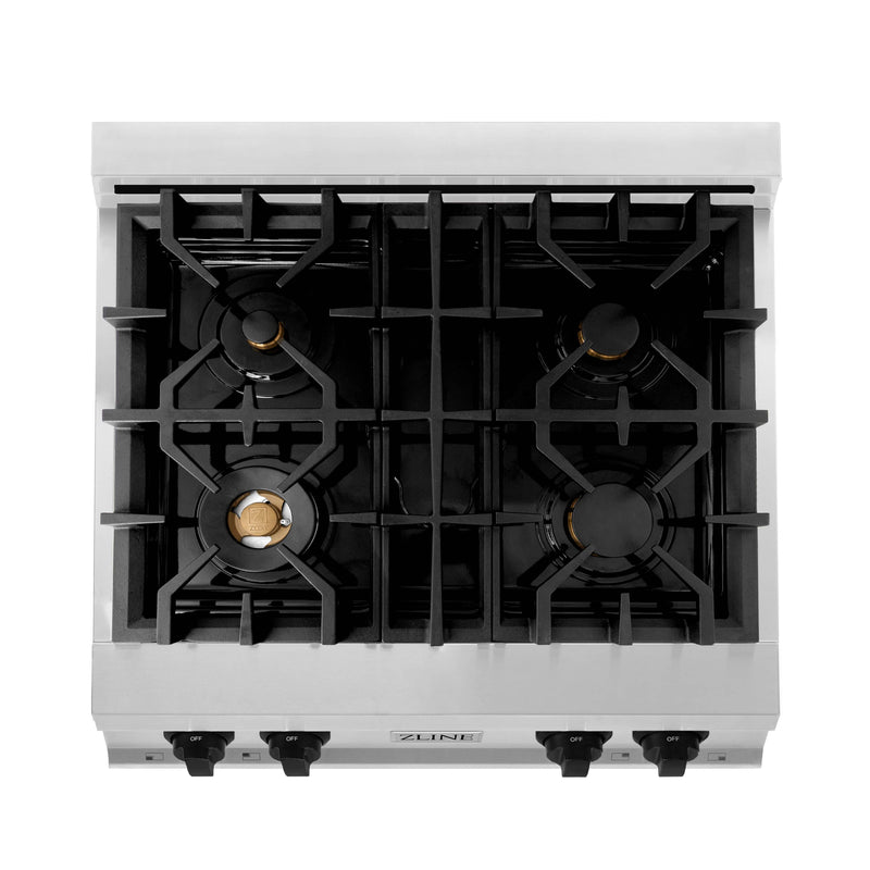 ZLINE Autograph Edition 30-Inch Porcelain Rangetop with 4 Gas Brass Burners in Stainless Steel with Matte Black Accents (RTZ-30-MB)