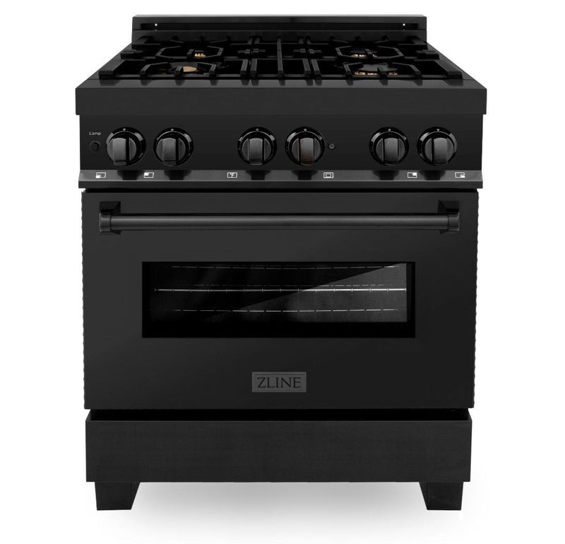 ZLINE 2-Piece Appliance Package - 30-Inch Dual Fuel Range with Brass Burners & Convertible Wall Mount Hood in Black Stainless Steel (2KP-RABRH30)