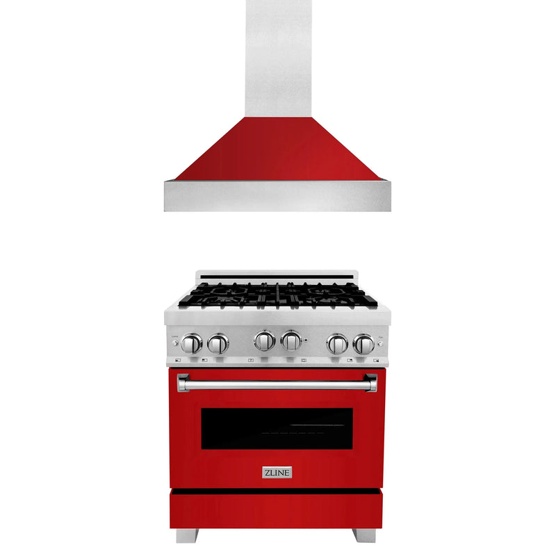 ZLINE 2-Piece Appliance Package - 30-inch Gas Range & Premium Wall Mount Range Hood in DuraSnow Stainless Steel with Red Gloss (2KP-RGSRGRH30)