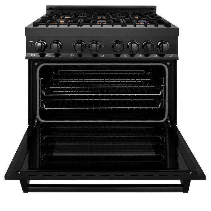 ZLINE 2-Piece Appliance Package - 36-Inch Gas Range with Brass Burners & Premium Convertible Wall Mount Hood in Black Stainless Steel (2KP-RGBRH36)