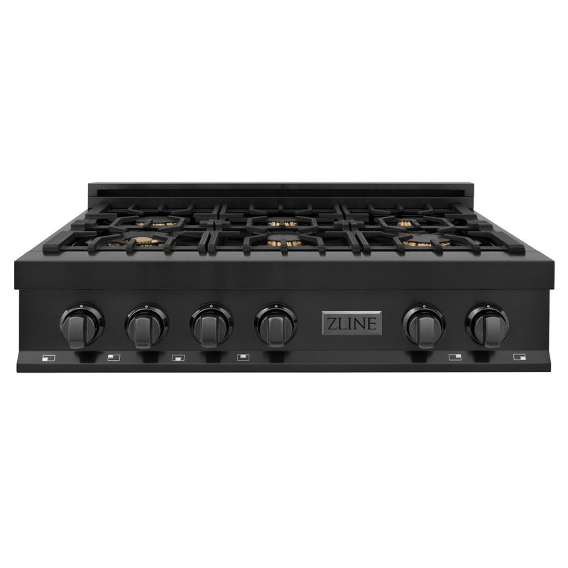 ZLINE 2-Piece Appliance Package - 36-inch Rangetop with Brass Burners and 30-inch Double Wall Oven in Black Stainless Steel (2KP-RTBAWD36)