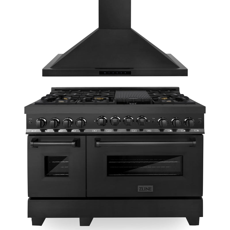 ZLINE 2-Piece Appliance Package - 48-Inch Gas Range and Convertible Wall Mount Hood in Black Stainless Steel (2KP-RGBRH48)