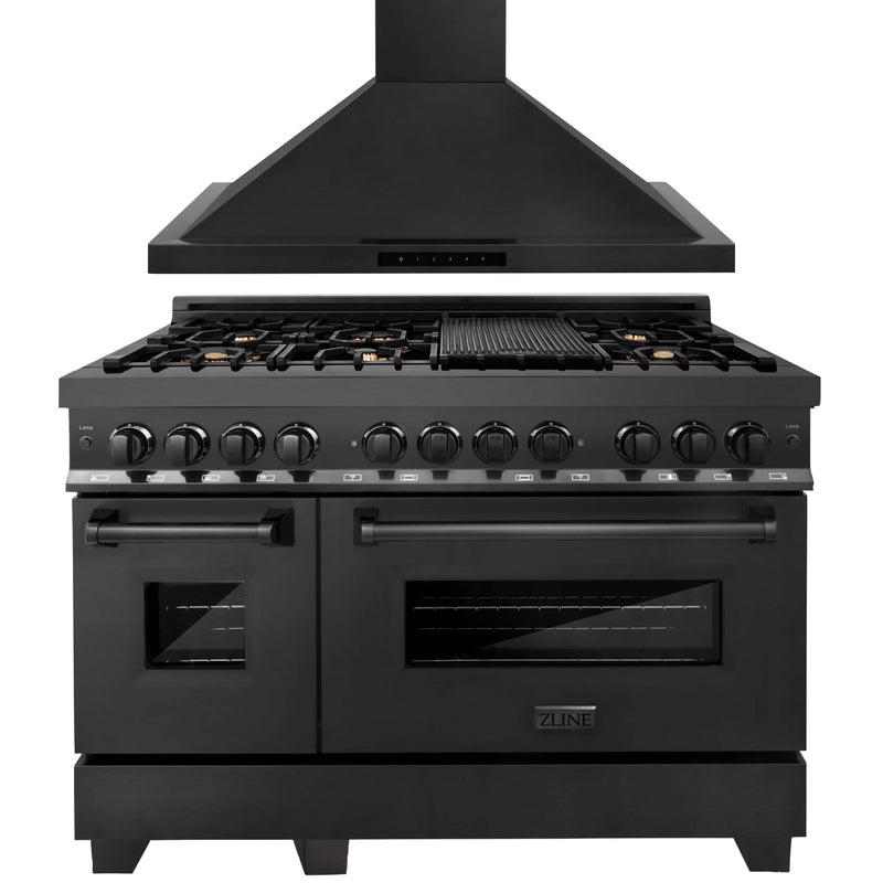 ZLINE 2-Piece Appliance Package - 48-inch Dual Fuel Range with Brass Burners & Convertible Wall Mount Hood Combo in Black Stainless Steel (2KP-RABRH48)
