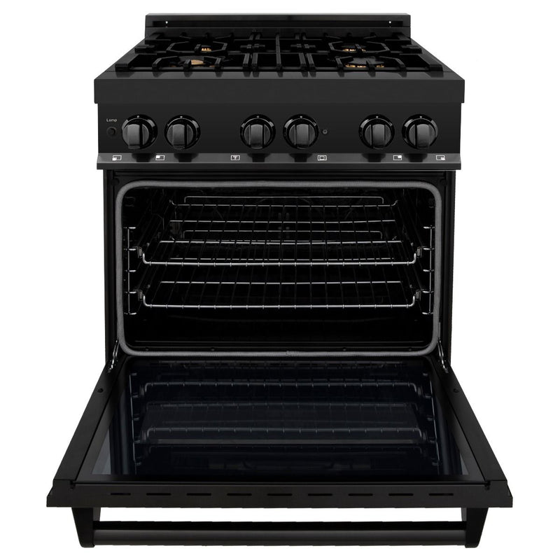 ZLINE 3-Piece Appliance Package - 30-Inch Dual Fuel Range with Brass Burners, Convertible Wall Mount Hood, and 3-Rack Dishwasher in Black Stainless Steel (3KP-RABRH30-DWV)