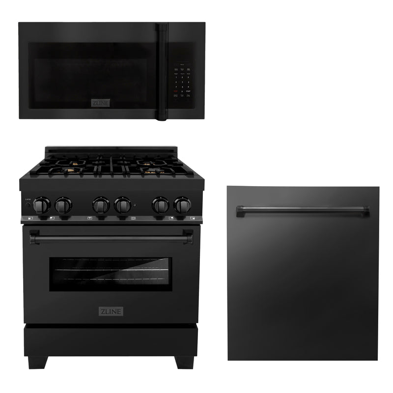 ZLINE 3-Piece Appliance Package - 30-Inch Dual Fuel Range with Brass Burners, Over the Range Microwave/Vent Hood Combo, and Dishwasher in Black Stainless Steel (3KP-RABOTRH30-DW)