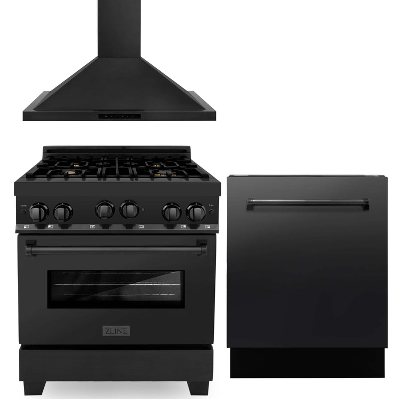 ZLINE 3-Piece Appliance Package - 30-Inch Gas Range with Brass Burners, Convertible Wall Mount Hood, and 3-Rack Dishwasher in Black Stainless Steel (3KP-RGBRH30-DWV)